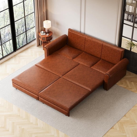 FFZ 93.7 inch King Pull-Out Sofa Bed with Nailhead Trim and Rolled Armrests, Faux Leather, Light Brown