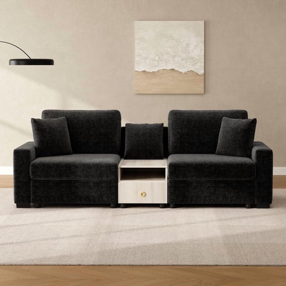 FFZ 95.7 inch Modular Sofa Couch with Storage Armrest, Center Console and Drawer, Black