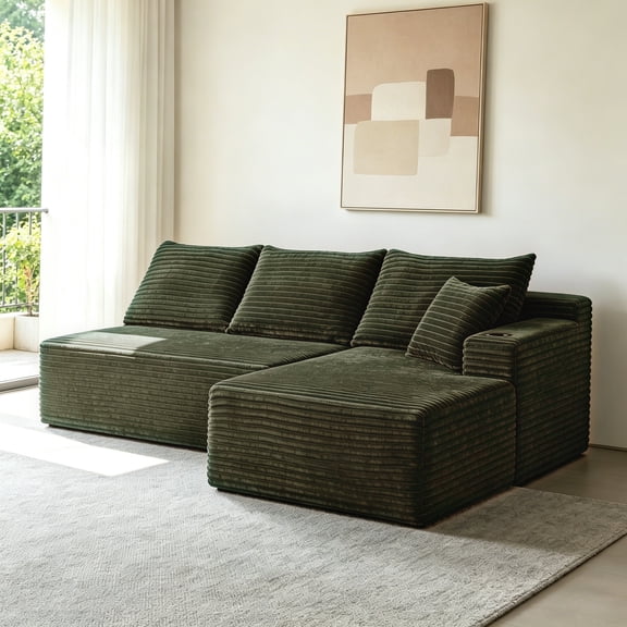 FFZ 96" Cloud Sectional Sofa with L-Shape Chaise, Cup Holder, No Assembly Required, Green