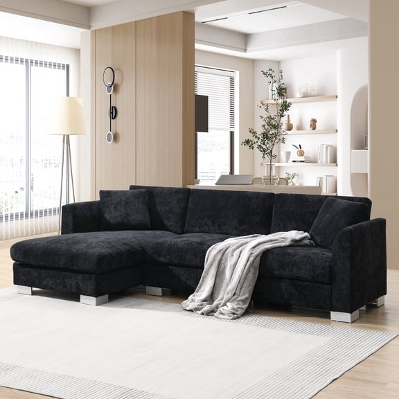 FFZ 96 inch Modern Cloud Sectional Sofa with Oversized Chaise and 2 Pillows, 96 x 56 x 31.5 inch, Black