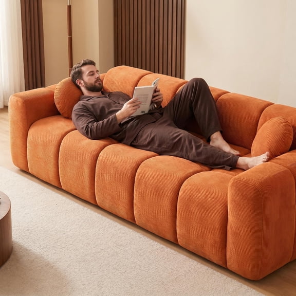 FFZ 98.4" Extra Large Compression Sofa with Corduroy Upholstery and 2 Pillows, Orange