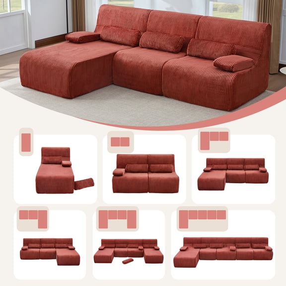 FFZ 98" Modular Sectional Sofa with Corduroy Upholstery and Integrated Arm Pillows, Red