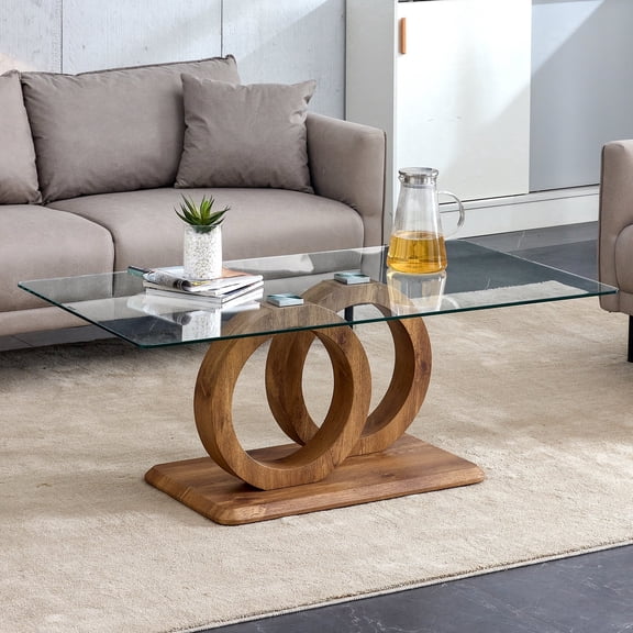 FFZ Modern Rectangular Coffee Table with Tempered Glass Top & Wood Grain Legs, 47.2 x 25.4 x, Natural Wood