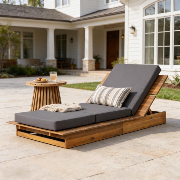 FFZ Acacia Wood Chaise Lounge with 3-Fold Cushion, 3-Position Recliner, 69.29 x 37.8 x 26.77 inch, DARK GREY
