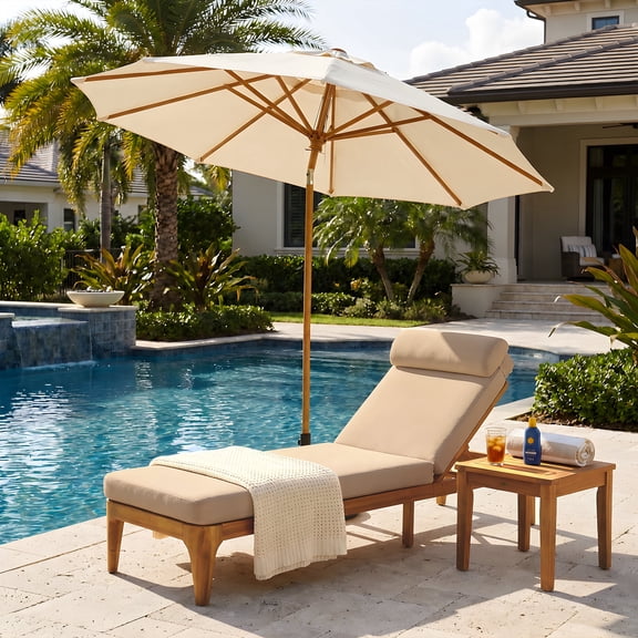 FFZ Acacia Wood Chaise Lounge with 4-Position Backrest and 3.9 inch Cushion, 76.8 x 26.8 x 11 inch, Brown