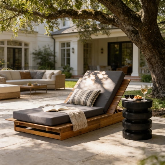 FFZ Acacia Wood Chaise Lounge with Movable Dark Gray Cushion, 3-Position Recliner, Dark Gray