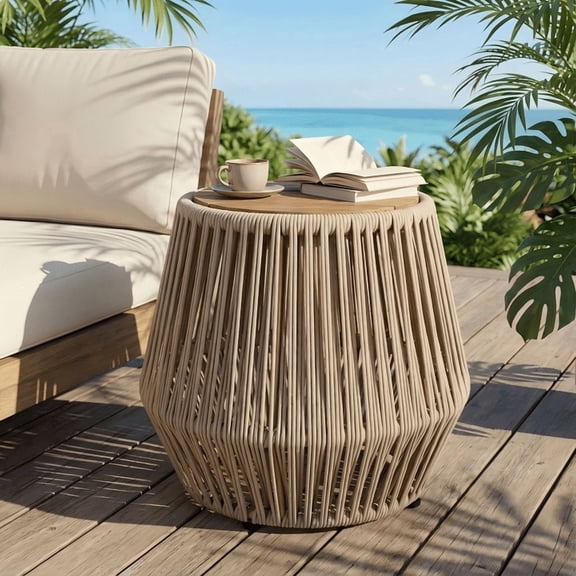 FFZ Acacia Wood Side Table with Beige Rope Base, 15.75 inch Top, 18.3 inch Height, Beige