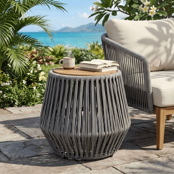 FFZ Acacia Wood Side Table with Grey Rope Base and Teak Finish, 21.06 x 21.06 x 18.3 inch, Grey