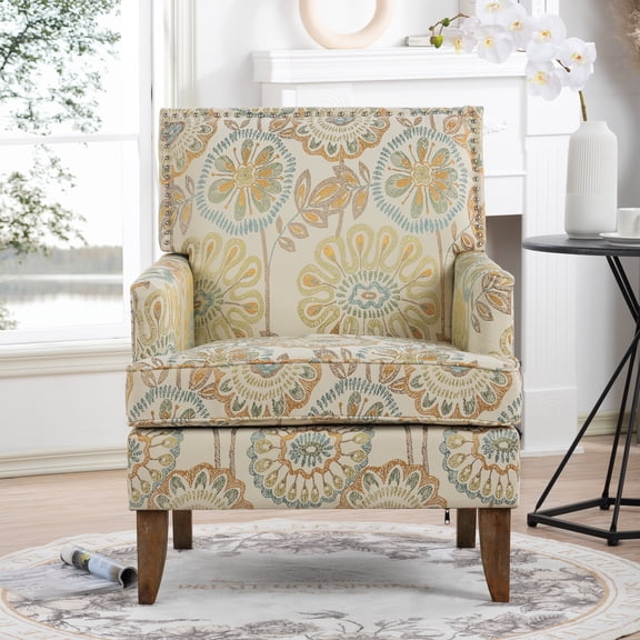 FFZ Accent Chair with Birch Legs and Bubble Nail Trim, 28.94 x 28.74 x 35.43 inch, Beige+yellow