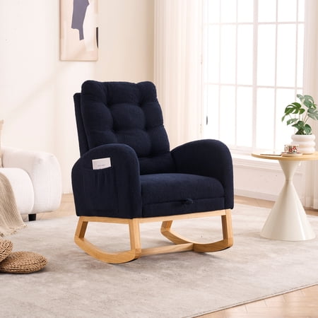 FFZ Accent Rocking Chair Footrest Navy Blue High-Back Rubber Wood Nursery 38.36W x 26.77D x 39.76H