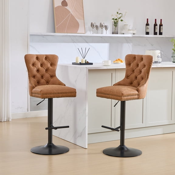 FFZ PU Leather Swivel Bar Stool Set of 2 with Adjustable Height and Decorative Rivets, Orange