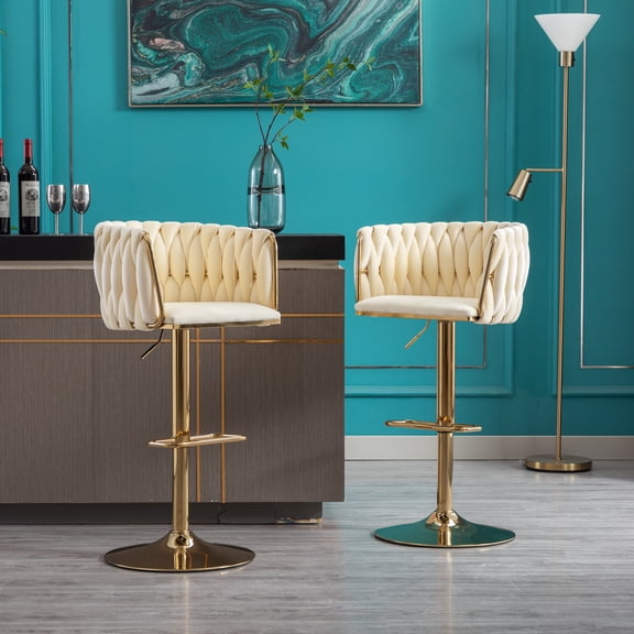 FFZ Set of 2 Velvet Bar Stools with Swivel Seat, Chrome Footrest and Golden Legs, Ivory
