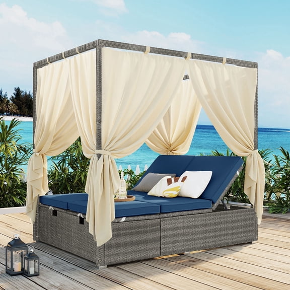 FFZ Adjustable Outdoor Rattan Sun Lounger with Canopy and Removable Cushion, 77.2 x 59 x 79.1 inch, Dark Blue