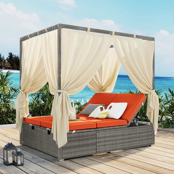 FFZ Adjustable Outdoor Rattan Sun Lounger with Canopy and Removable Cushion, 77.2 x 59 x 79.1 inch, Orange