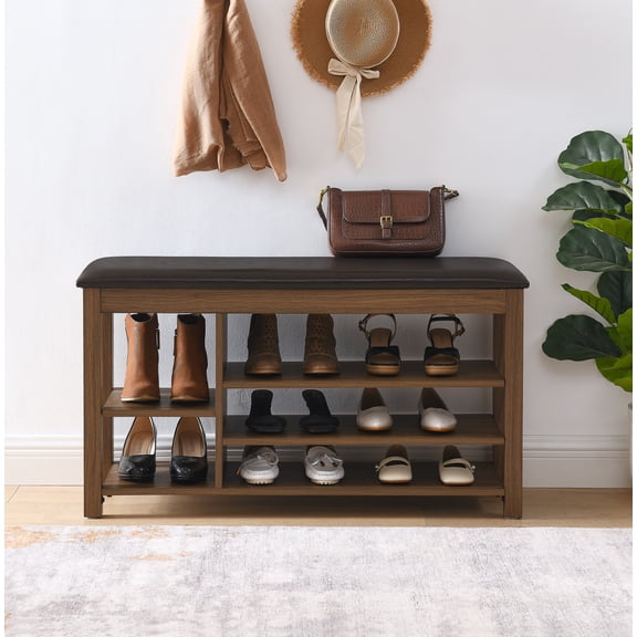 FFZ Adjustable Shoe Bench Natural Rubberwood Concealed Storage Brown