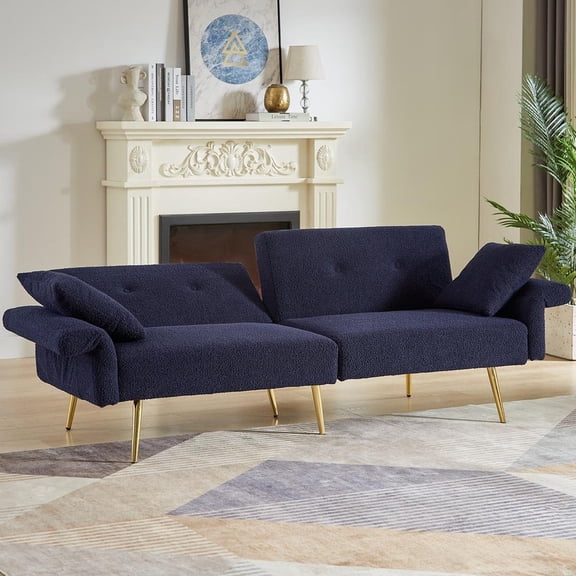 FFZ Adjustable Teddy Fabric Sleeper Sofa Bed with Armrest, Dark Blue