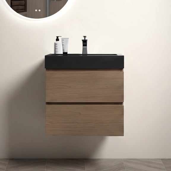 FFZ Alice 24 inch Floating Bathroom Vanity with Double Drawers and Walnut Finish, Black