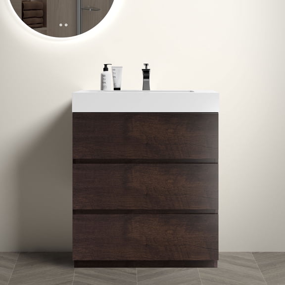 FFZ Alice 30" Walnut Freestanding Bathroom Vanity with Sink, Large Storage, White+Walnut