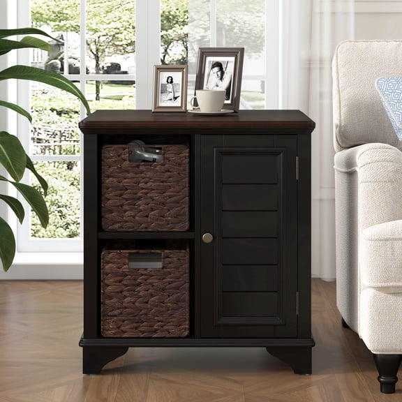 FFZ American Style End Table with Louvered Door and 2 Woven Baskets, 18.1 x 23.1 x 24.1 inch, Black