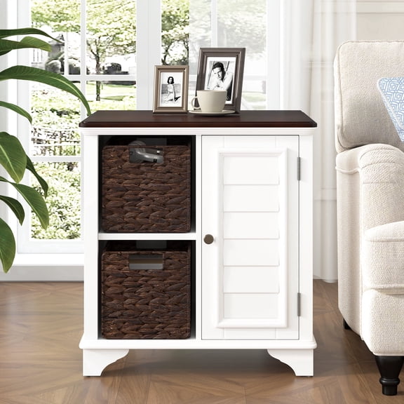 FFZ American Style End Table with Louvered Door and 2 Woven Baskets, 23.1 x 18.1 x 24.1 inch, White