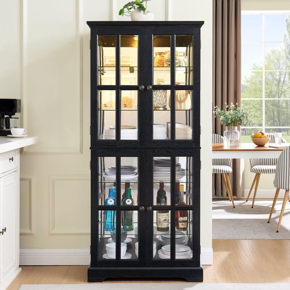 FFZ Antique Display Cabinet with Glass Doors, Adjustable Shelves and E26 Bulb, Black