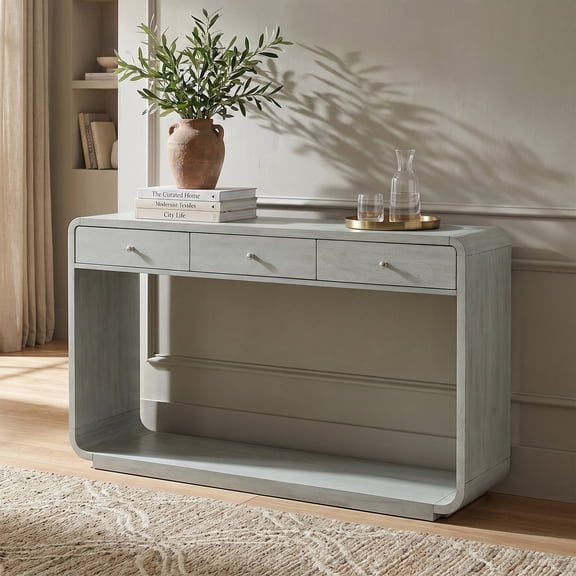 FFZ Antique-Style Console Table with 3 Drawers, Display Shelf, Curved Legs, Sage Green