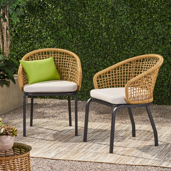 FFZ ARIAS Chair with PE Rattan, Iron Frame and Water-Resistant Cushions, 25 x 26 x 32.5 inch, Light Brown