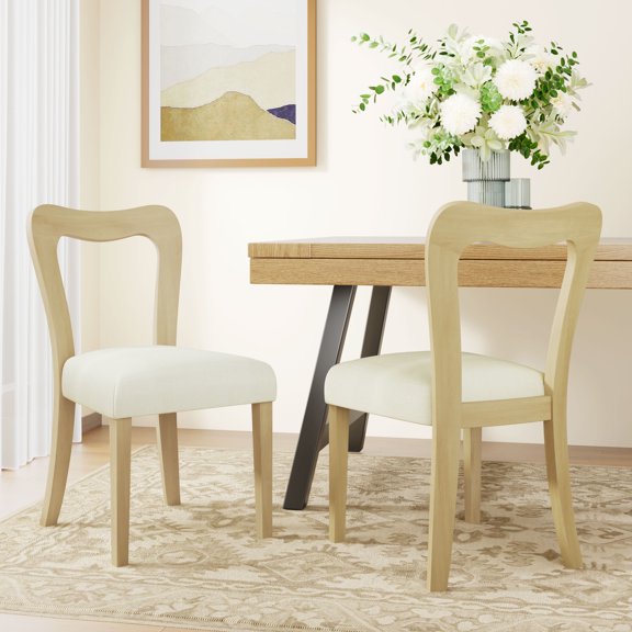 FFZ Set of 2 Dining Chairs with Rubberwood Frame and Fabric Seat, 19 x 22.25 x 35.25 inch, Beige