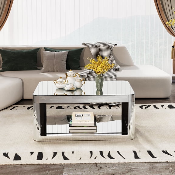FFZ Modern Curved Mirror Coffee Table with Glass Top, 39.37 x 23.62 x 17.72 inch, Silver
