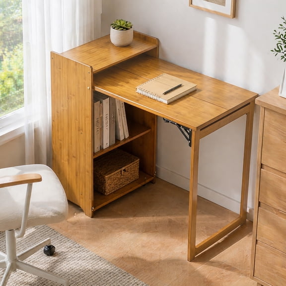 FFZ Bamboo Folding Desk Mid Century Computer Desk with Hidden Storage, Brown