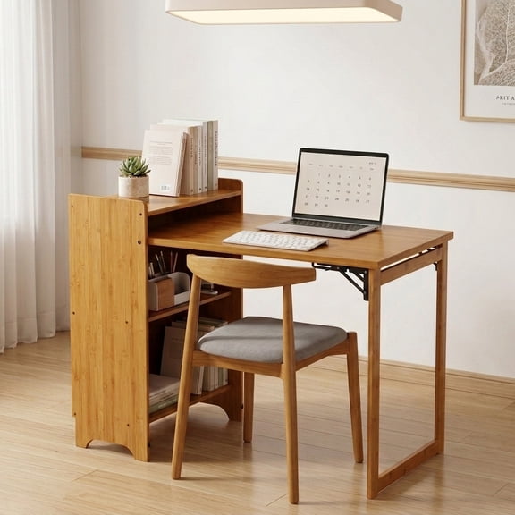 FFZ Bamboo Folding Desk Mid Century Computer Desk with Hidden Storage, Natural