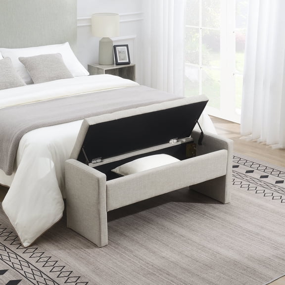 FFZ Modern Storage Bench with Linen Fabric and Hidden Storage, 47.25 x 15.75 x 18.5 inch, LIGHT GREY