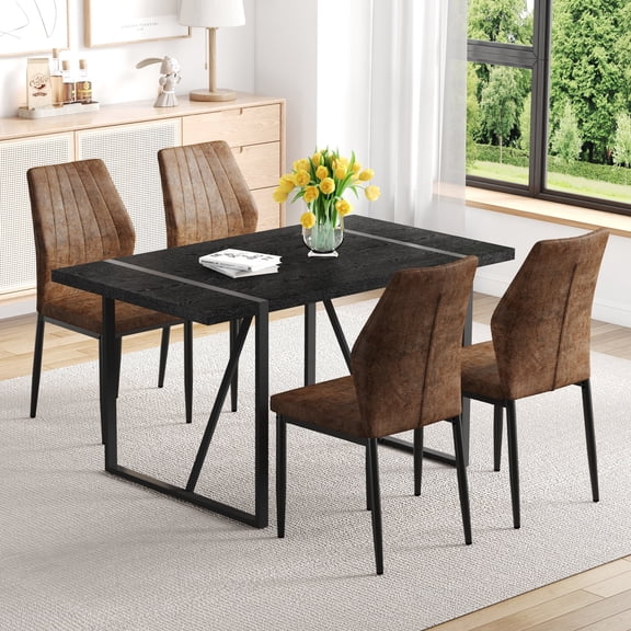 FFZ Minimalist Retro Dining Table Set with 4 Shell-Pattern Chairs, Brown+Black