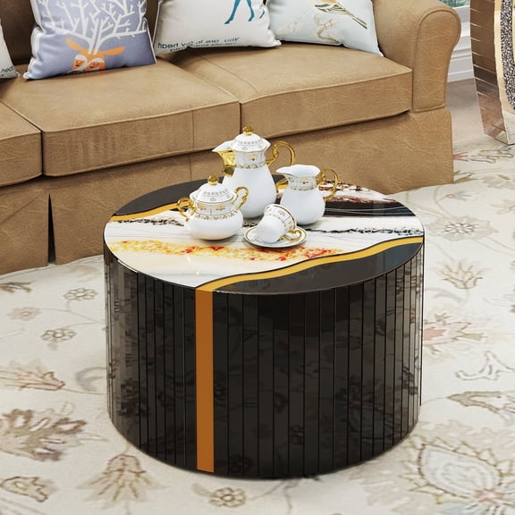 FFZ Round Mirrored Coffee Table with Marble Pattern Sticker and MDF Base, 27.56 x 27.56 x 15.74 inch, Black