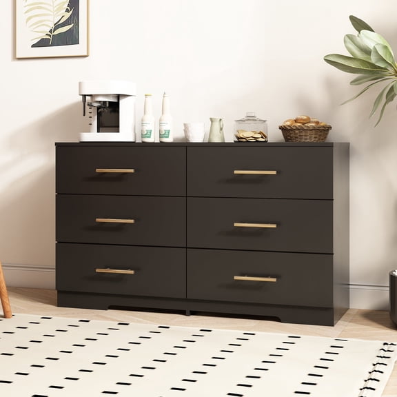 FFZ Black Large 6 Drawer Chest Dresser Table With Gold Handles