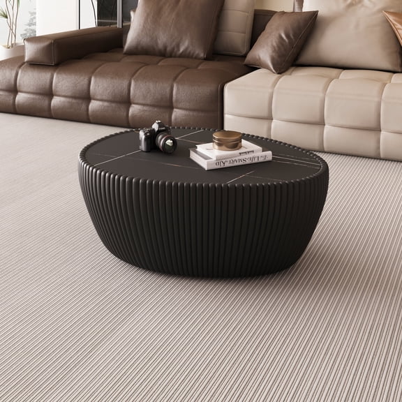 FFZ Goose Egg Shape Coffee Table with Sintered Stone Top and PU Leather Frame, 32.1 x 24.8 x 16.14 inch, Black