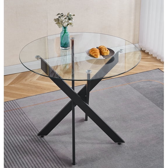 FFZ Modern Black Glass Dining Table with Cross Metal Legs, 35.43 x 35.43 x 29.13 inch, Black