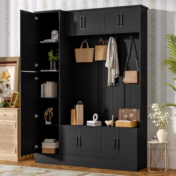 FFZ Black VIBE HAUS 79 inch Tall Modern 4-In-1 Hall Tree With Shoe Storage 6 Cabinets 4 Coat Hooks For Hallway Living Room