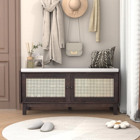 FFZ Boho Rattan Entryway Bench Storage Cushioned Double Doors Espresso Beige