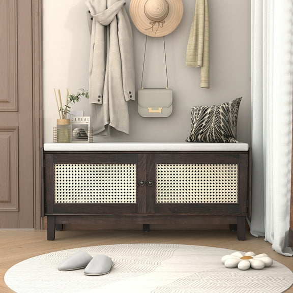 FFZ Boho Rattan Entryway Bench Storage Cushioned Double Doors Espresso Beige