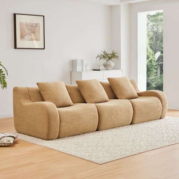 FFZ Boneless Sofa 3 Seat High-Quality Teddy Anti-Slip Curved Armrests Streamlined 32D Sponge Camel For Living Room Bedroom