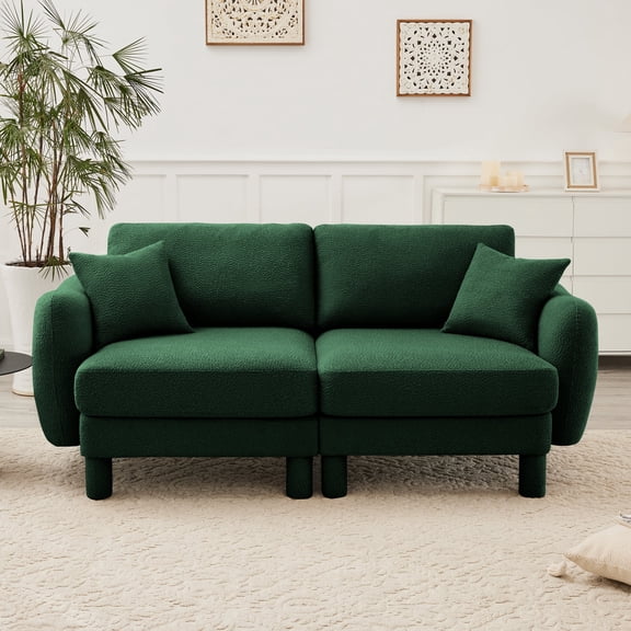 FFZ Boucle Fabric 2-Seater Loveseat Sofa with Shell-Shaped Armrests and Cylindrical Legs, Green