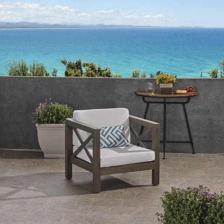 FFZ Mid-Century Club Chair with Acacia Wood Frame and Water-Resistant Cushions, Grey+white