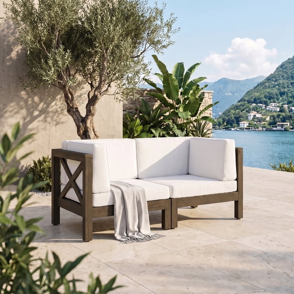 FFZ 30.25" X-Back Loveseat with Acacia Wood Frame and Water-Resistant Cushions, White