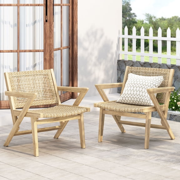FFZ Braxton Club Chair Set of 2 with Acacia Wood Frame and Woven Wicker, 24 x 26.75 x 27.5 inch, Light Brown