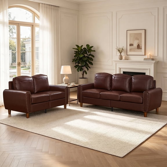 FFZ Breathable PU Leather 2-Piece Sofa Set with Rolled Armrests and Walnut Legs, Burgundy