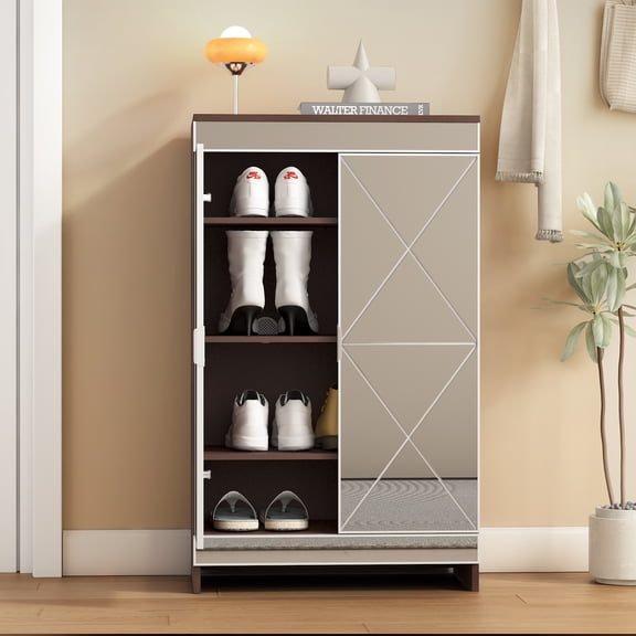FFZ Brown Finish Elegant Mirrored Shoe Storage Cabinet With Silver Edging Double Door Glass For Entryway