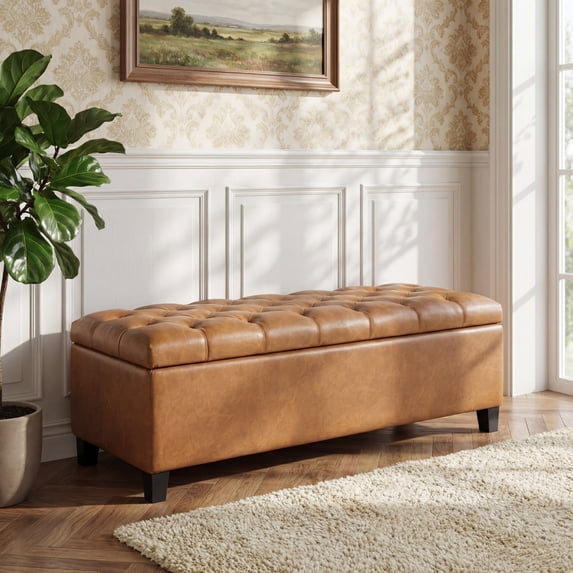 FFZ Brown PU Ottoman Bench With Storage Rubber Wood Legs 300lbs Capacity