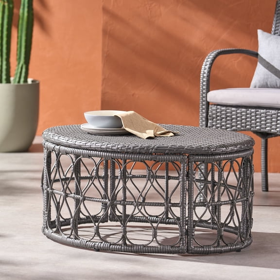FFZ Bruce Coffee Table with Woven Rattan Finish, 32.5 x 25 x 15 inch, Grey