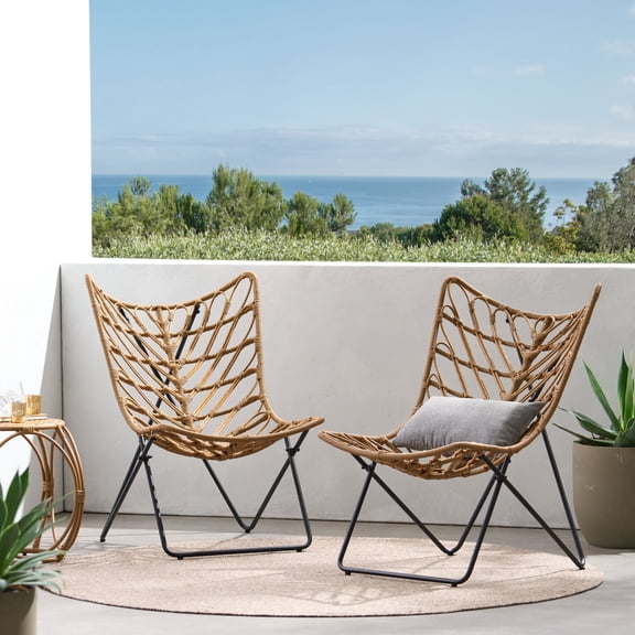 FFZ Boho Modern Rattan Accent Chair with Geometric Cross Base, 25.25 x 34 x 36 inch, Light Brown